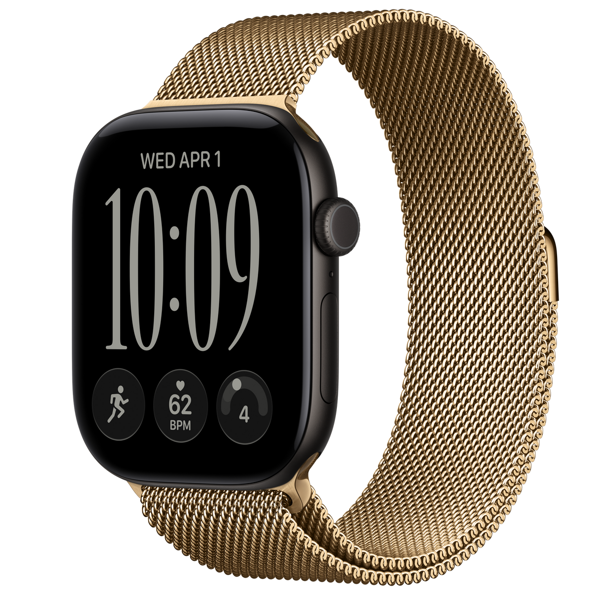 ساعة Apple Watch Series 12 بهيكل ألمنيوم Black مع استراب Milanese Loop بلون Radiant Gold