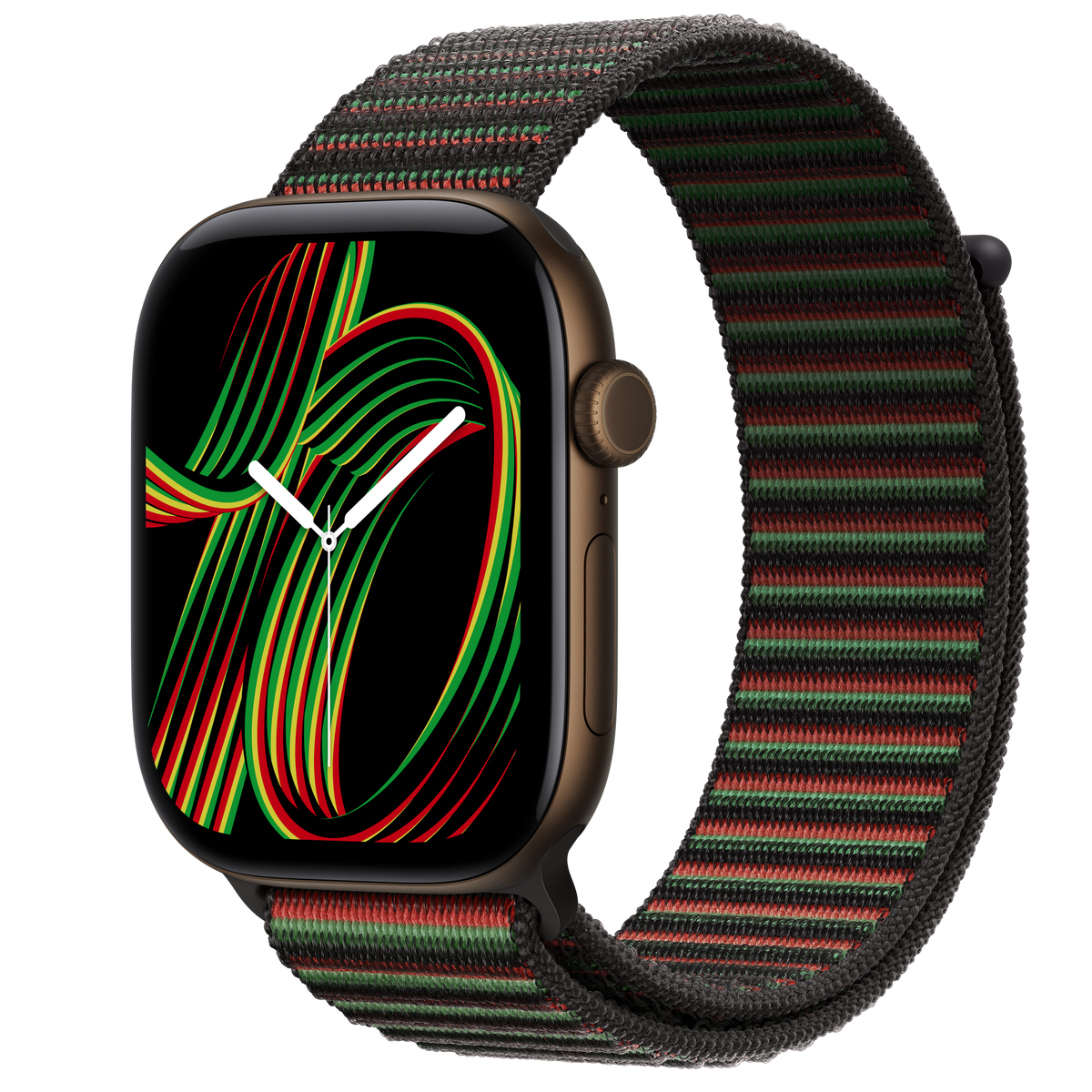 ساعة Apple Watch Series 12 بهيكل ألمنيوم لون Dark Bronze مع استراب Sport Loop إصدار Black Unity بتصميم Unity Rhythm
