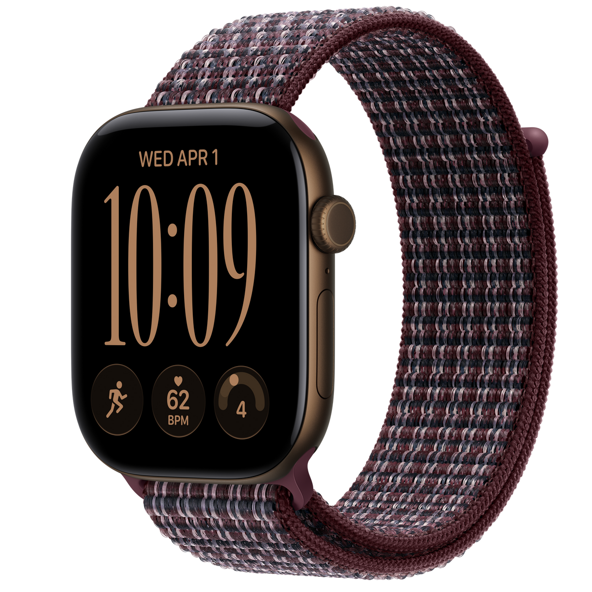 ساعة Apple Watch Series 12 بهيكل ألمنيوم لون Dark Bronze مع استراب Sport Loop لون Burgundy Plaid