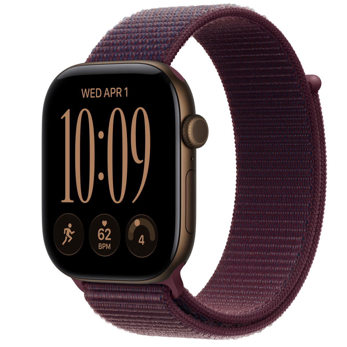 ساعة Apple Watch Series 12 بهيكل ألمنيوم لون Dark Bronze مع استراب Sport Loop لون Burgundy