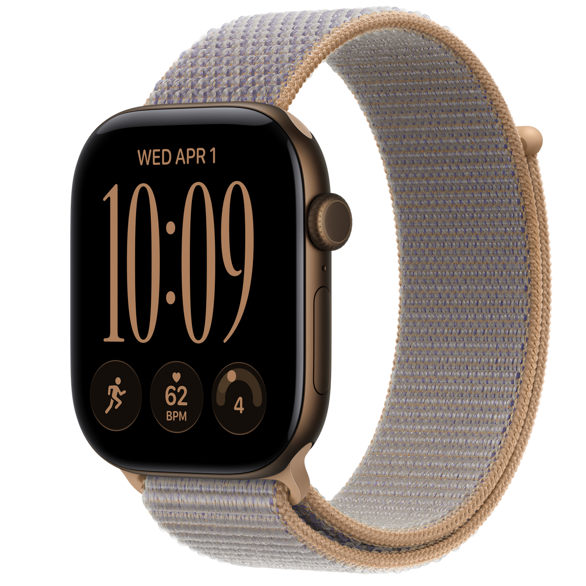ساعة Apple Watch Series 12 بهيكل ألمنيوم لون Dark Bronze مع استراب Sport Loop لون Chambray Blue