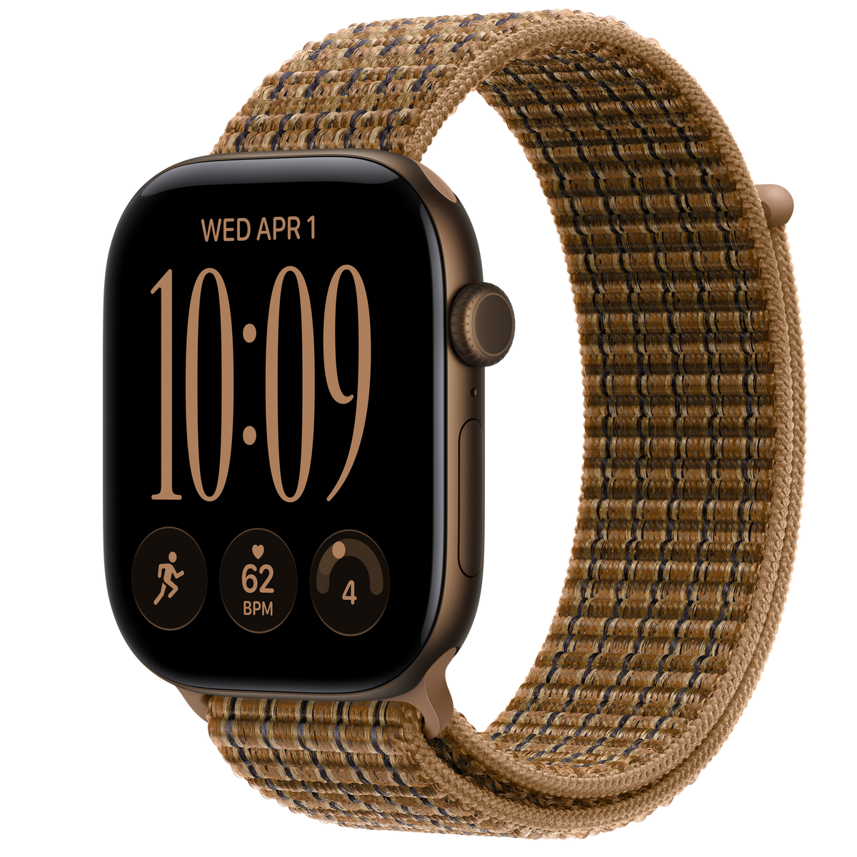 ساعة Apple Watch Series 12 بهيكل ألمنيوم لون Dark Bronze مع استراب Sport Loop لون Light Umber Plaid