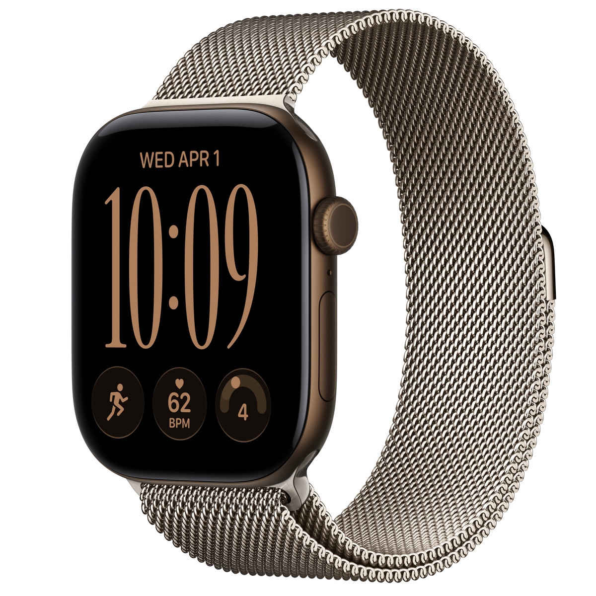 ساعة Apple Watch Series 12 بهيكل ألمنيوم Dark Bronze مع استراب Milanese Loop بلون Natural