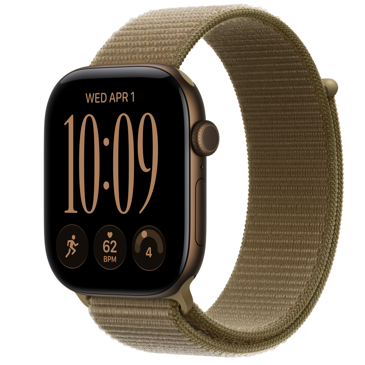 ساعة Apple Watch Series 12 بهيكل ألمنيوم لون Dark Bronze مع استراب Sport Loop لون Olive