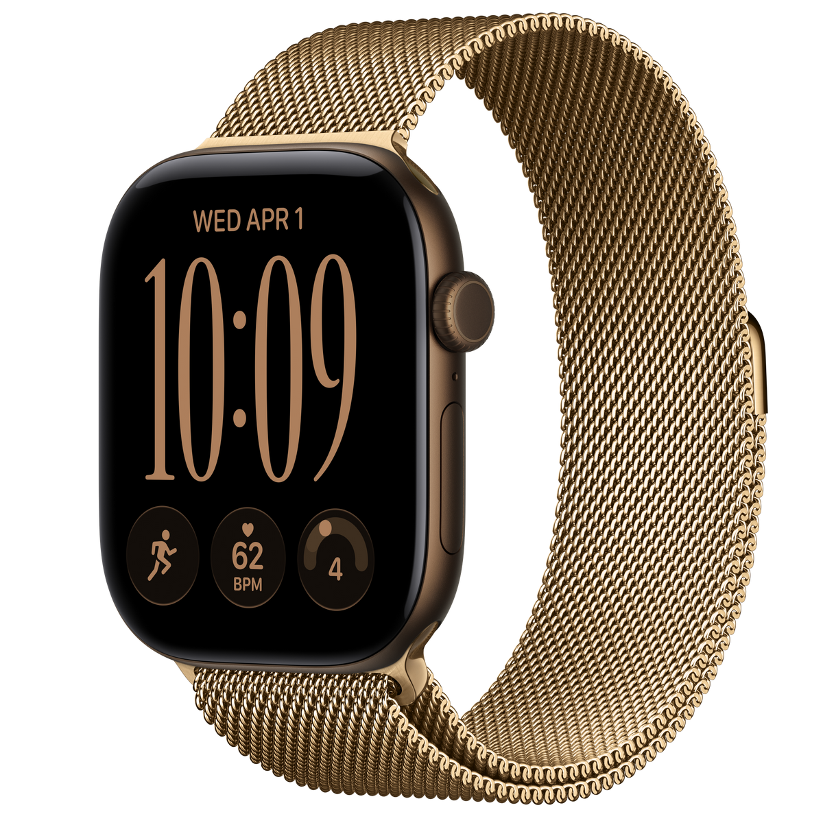 ساعة Apple Watch Series 12 بهيكل ألمنيوم Dark Bronze مع استراب Milanese Loop بلون Radiant Gold