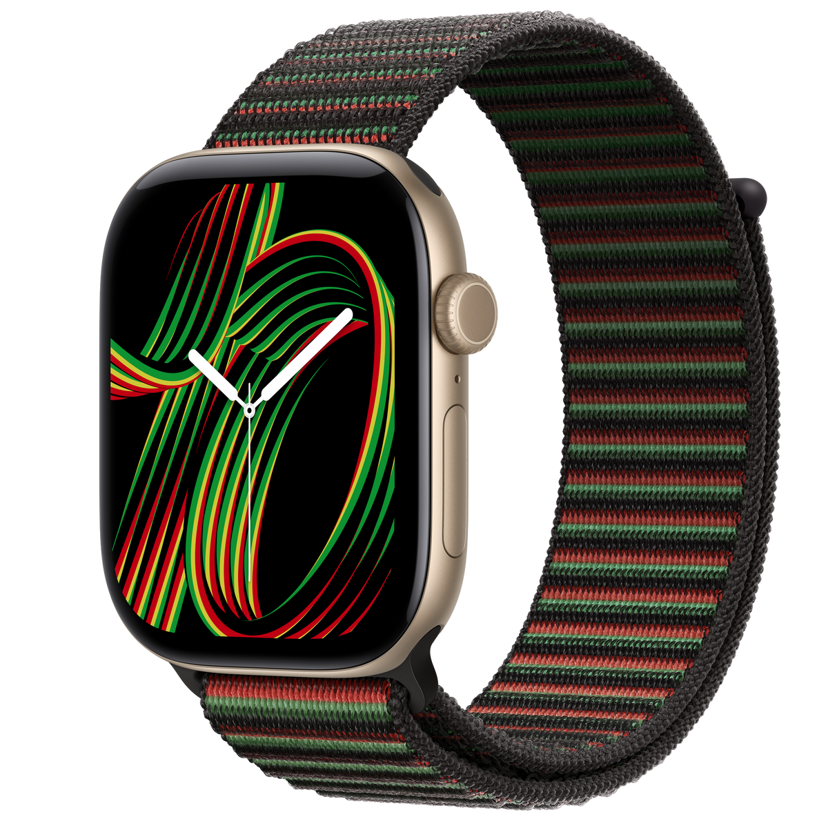 ساعة Apple Watch Series 12 بهيكل ألمنيوم لون Light Gold مع استراب Sport Loop إصدار Black Unity بتصميم Unity Rhythm