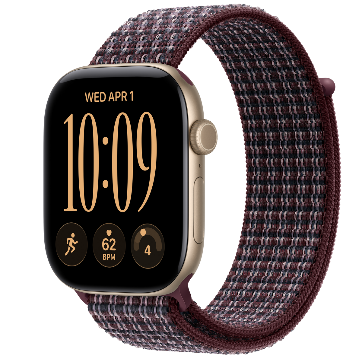 ساعة Apple Watch Series 12 بهيكل ألمنيوم لون Light Gold مع استراب Sport Loop لون Burgundy Plaid