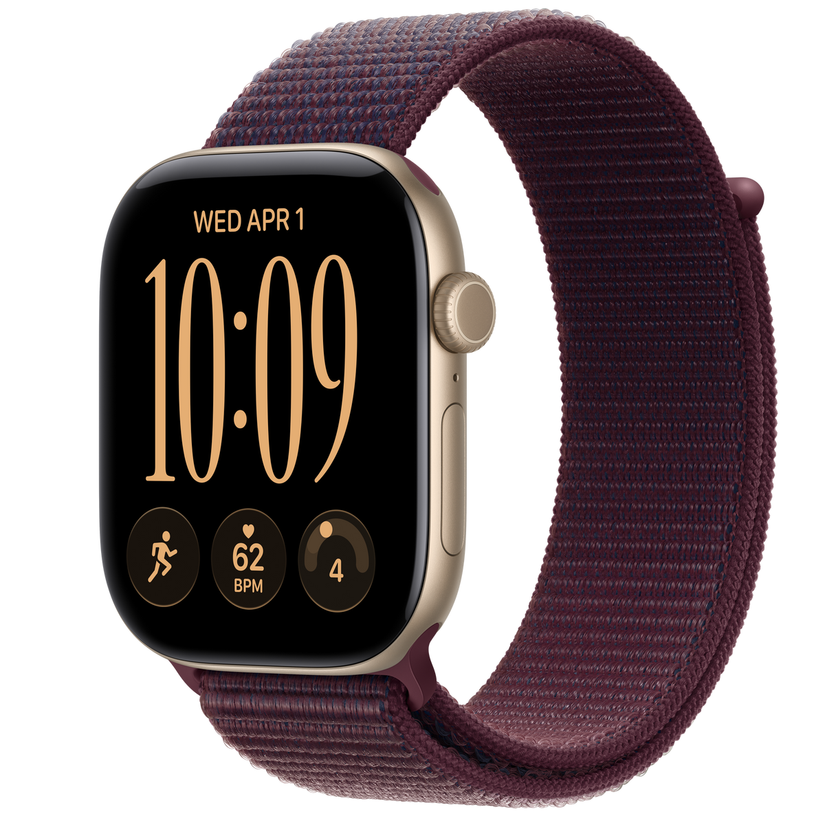 ساعة Apple Watch Series 12 بهيكل ألمنيوم لون Light Gold مع استراب Sport Loop لون Burgundy