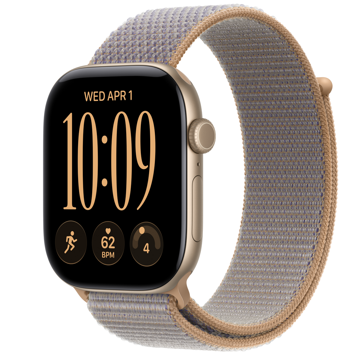 ساعة Apple Watch Series 12 بهيكل ألمنيوم لون Light Gold مع استراب Sport Loop لون Chambray Blue