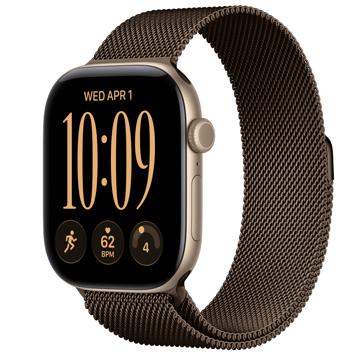 ساعة Apple Watch Series 12 بهيكل ألمنيوم Light Gold مع استراب Milanese Loop بلون Dark Bronze