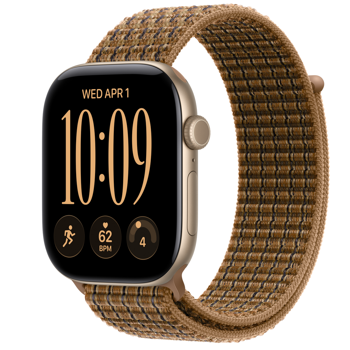 ساعة Apple Watch Series 12 بهيكل ألمنيوم لون Light Gold مع استراب Sport Loop لون Light Umber Plaid