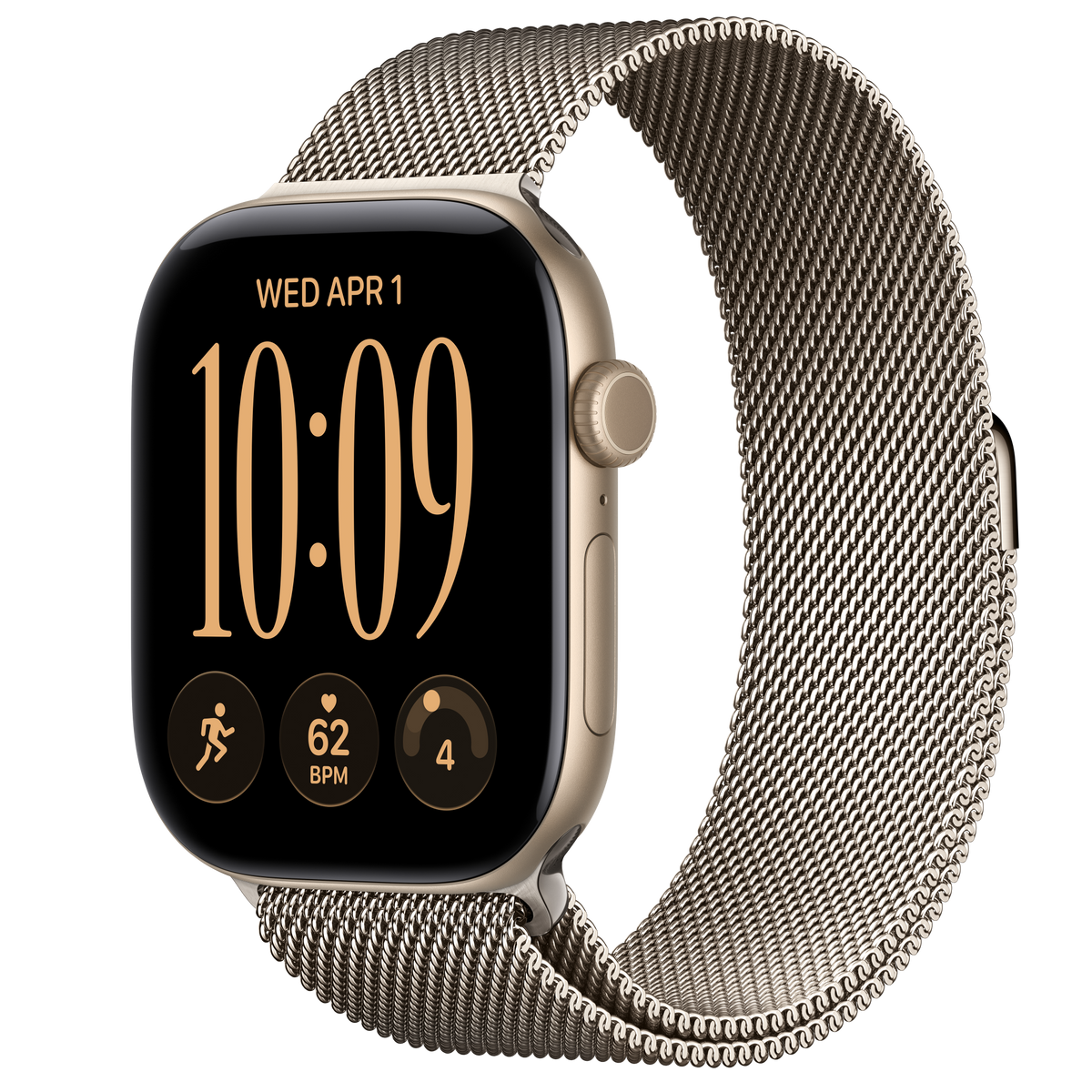 ساعة Apple Watch Series 12 بهيكل ألمنيوم Light Gold مع استراب Milanese Loop بلون Natural