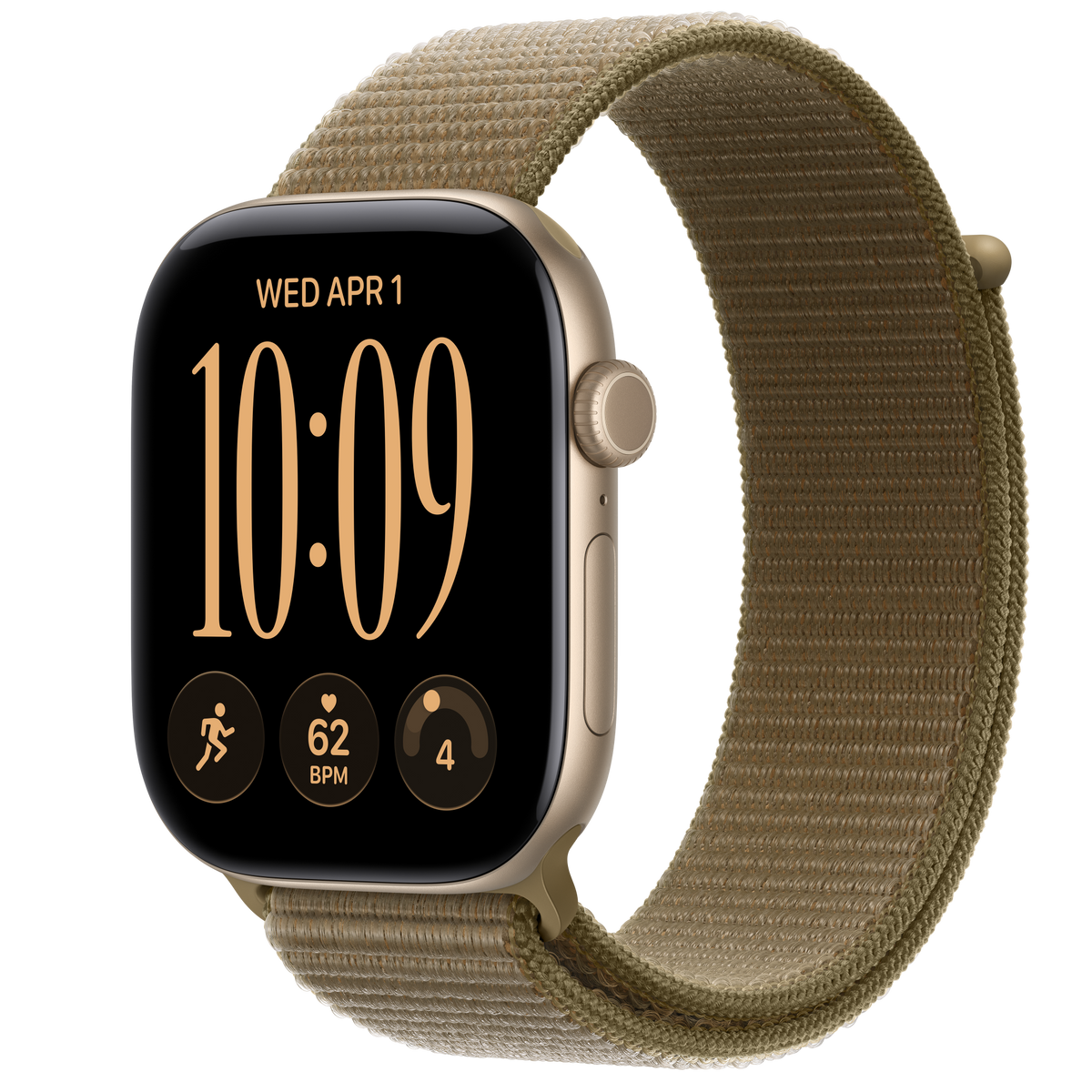 ساعة Apple Watch Series 12 بهيكل ألمنيوم لون Light Gold مع استراب Sport Loop لون Olive