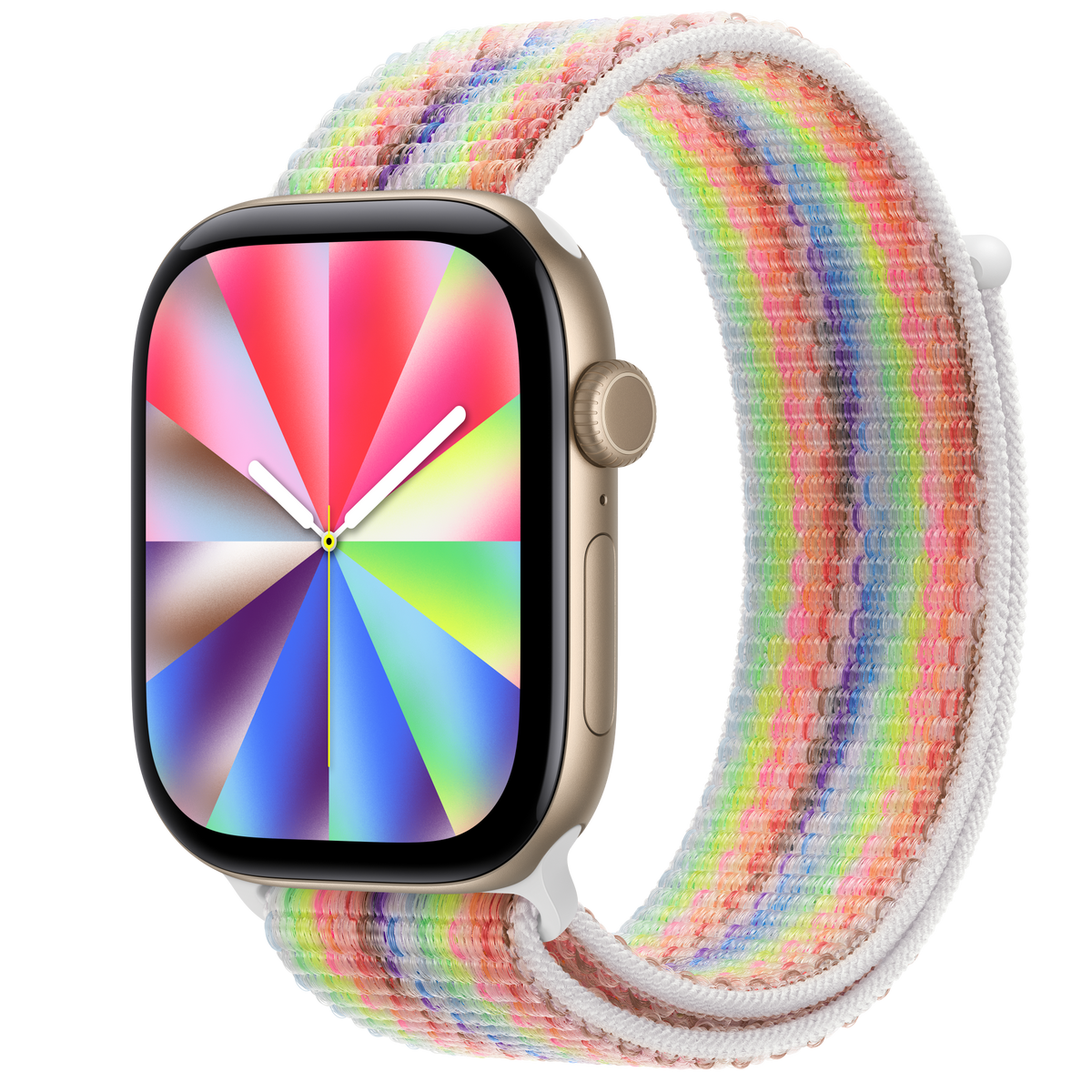 ساعة Apple Watch Series 12 بهيكل ألمنيوم لون Light Gold مع استراب Sport Loop إصدار Pride Edition