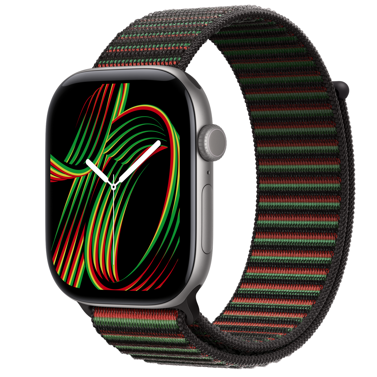 ساعة Apple Watch Series 12 بهيكل ألمنيوم لون Space Gray مع استراب Sport Loop إصدار Black Unity بتصميم Unity Rhythm