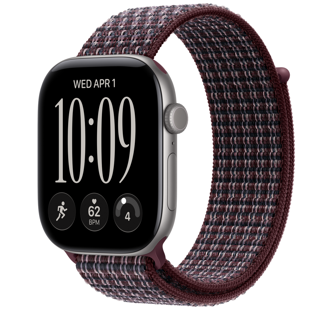 ساعة Apple Watch Series 12 بهيكل ألمنيوم لون Space Gray مع استراب Sport Loop لون Burgundy Plaid