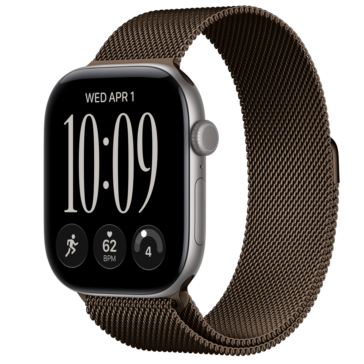 ساعة Apple Watch Series 12 بهيكل ألمنيوم Space Gray مع استراب Milanese Loop بلون Dark Bronze