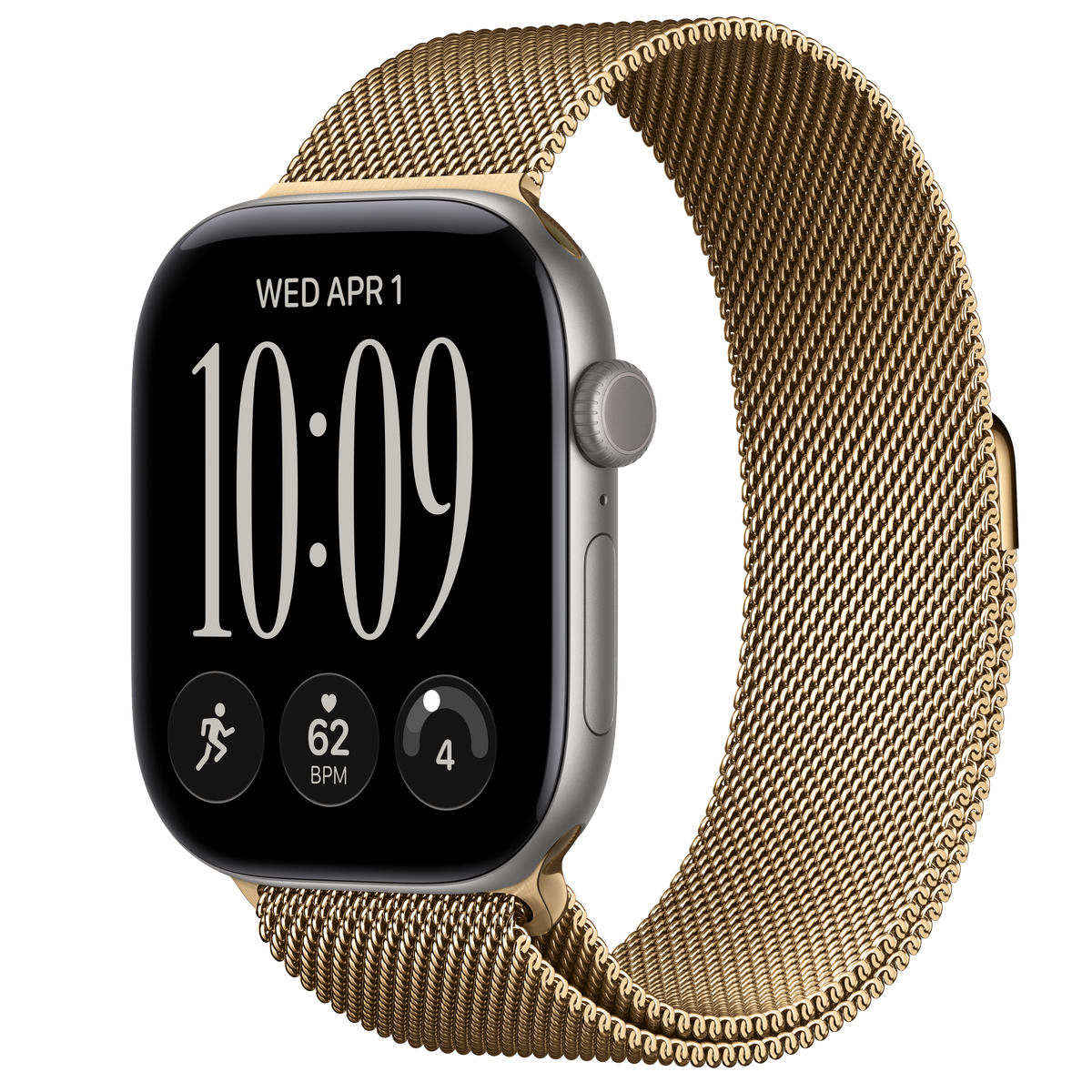 ساعة Apple Watch Series 12 بهيكل ألمنيوم Space Gray مع استراب Milanese Loop بلون Radiant Gold