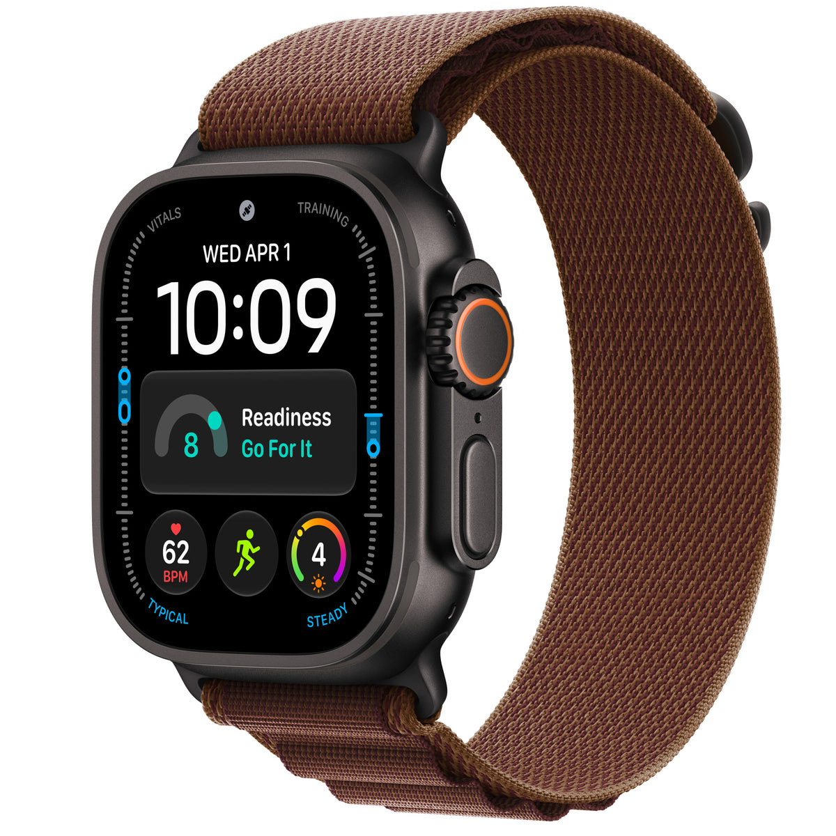 Apple Watch Ultra 4 in Black titanium with the Burgundy Alpine Loop