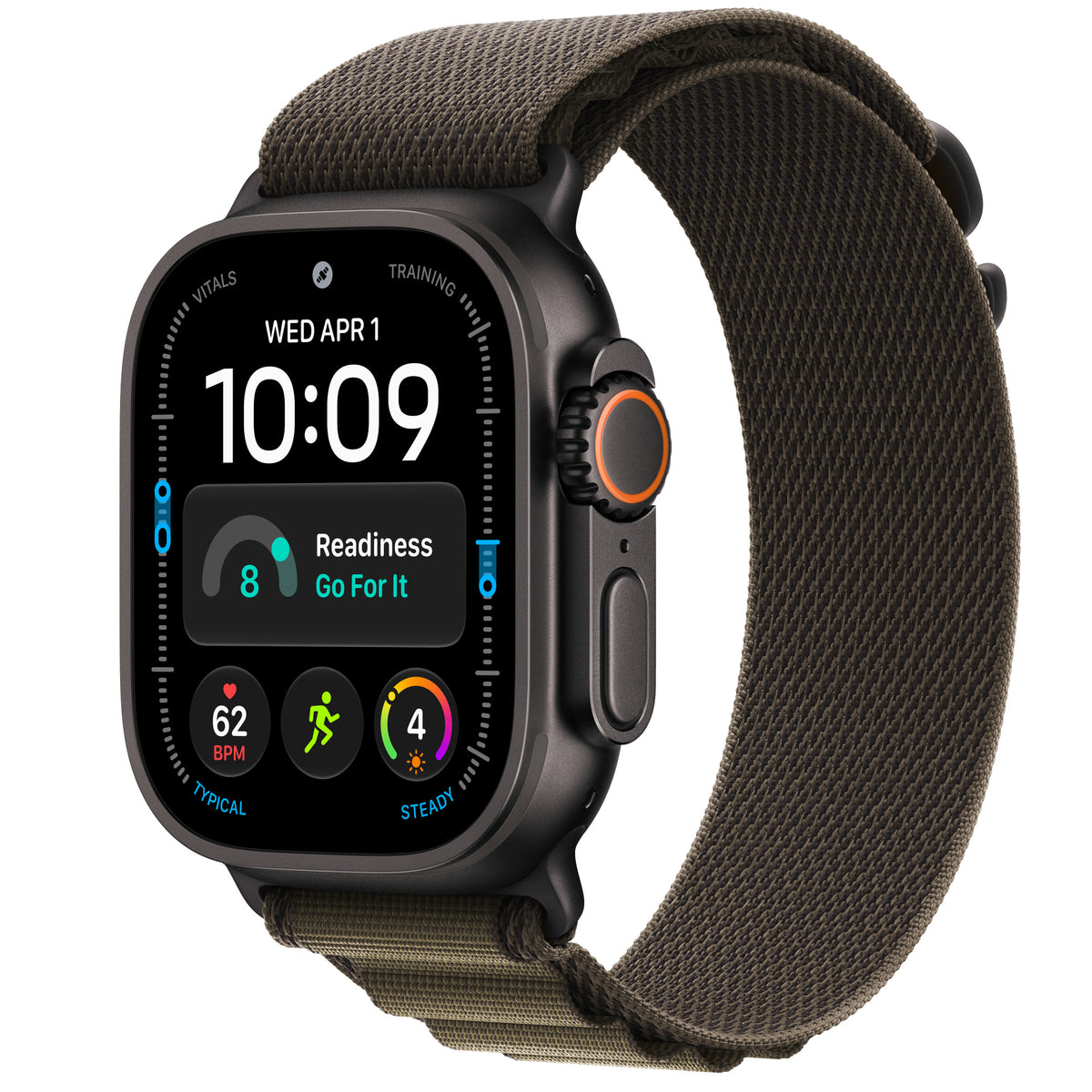 Apple Watch Ultra 4 in Black titanium with the Dark Olive Alpine Loop