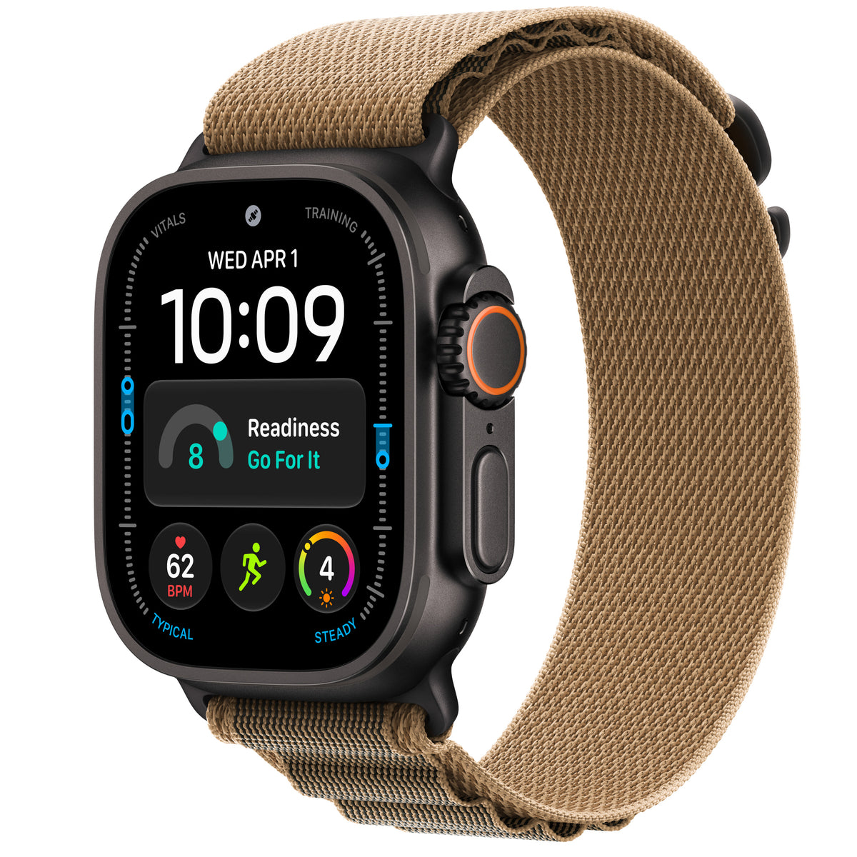 Apple Watch Ultra 4 in Black titanium with the Desert Alpine Loop
