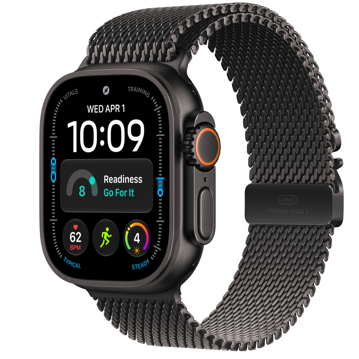 Apple Watch Ultra 4 in Black titanium with the Black Titanium Milanese Loop