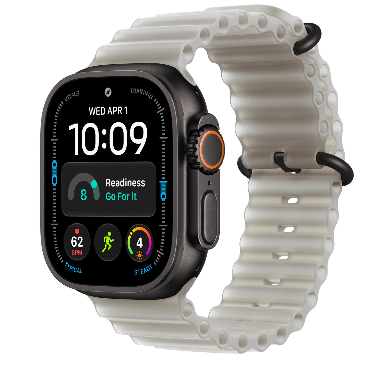 Apple Watch Ultra 4 in Black titanium with the Translucent Gray Ocean Band