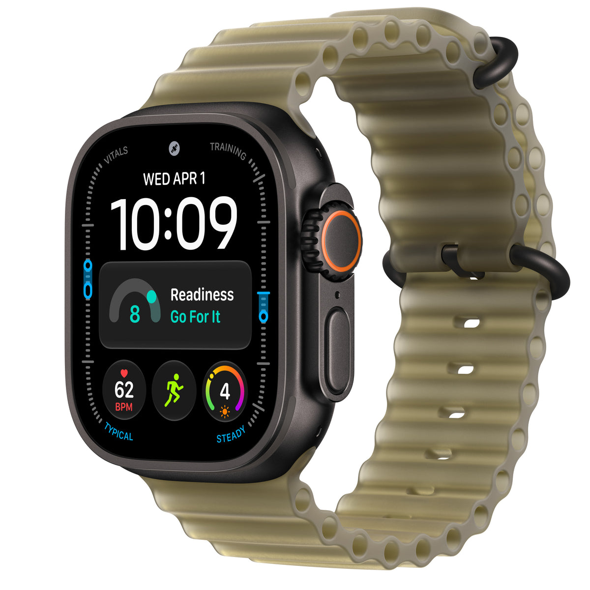Apple Watch Ultra 4 in Black titanium with the Translucent Kelp Ocean Band