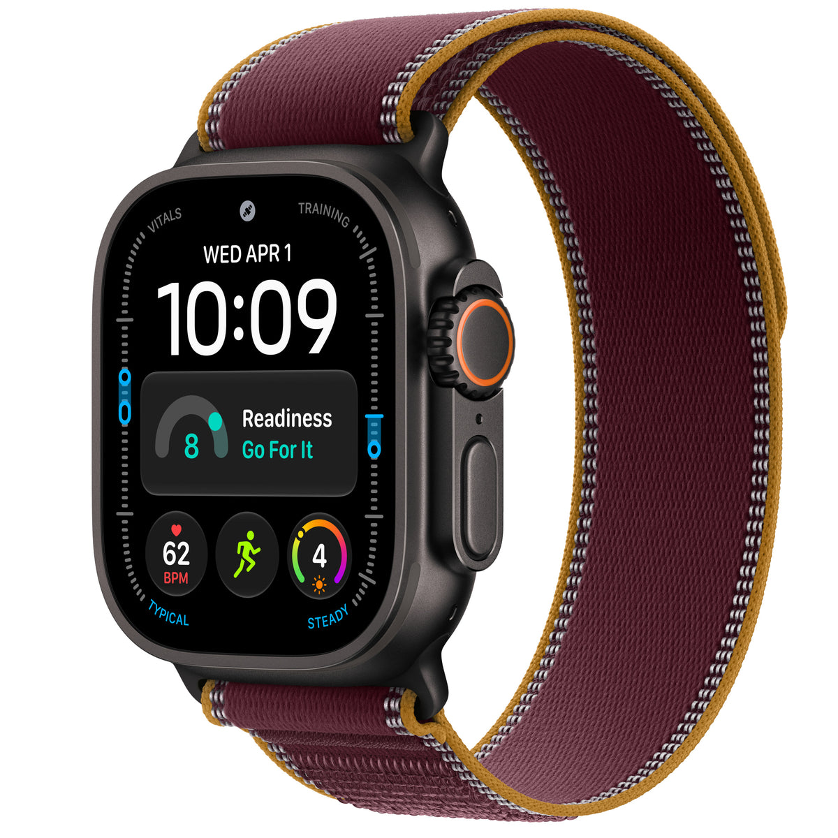 Apple Watch Ultra 4 in Black titanium with the Burgundy Trail Loop