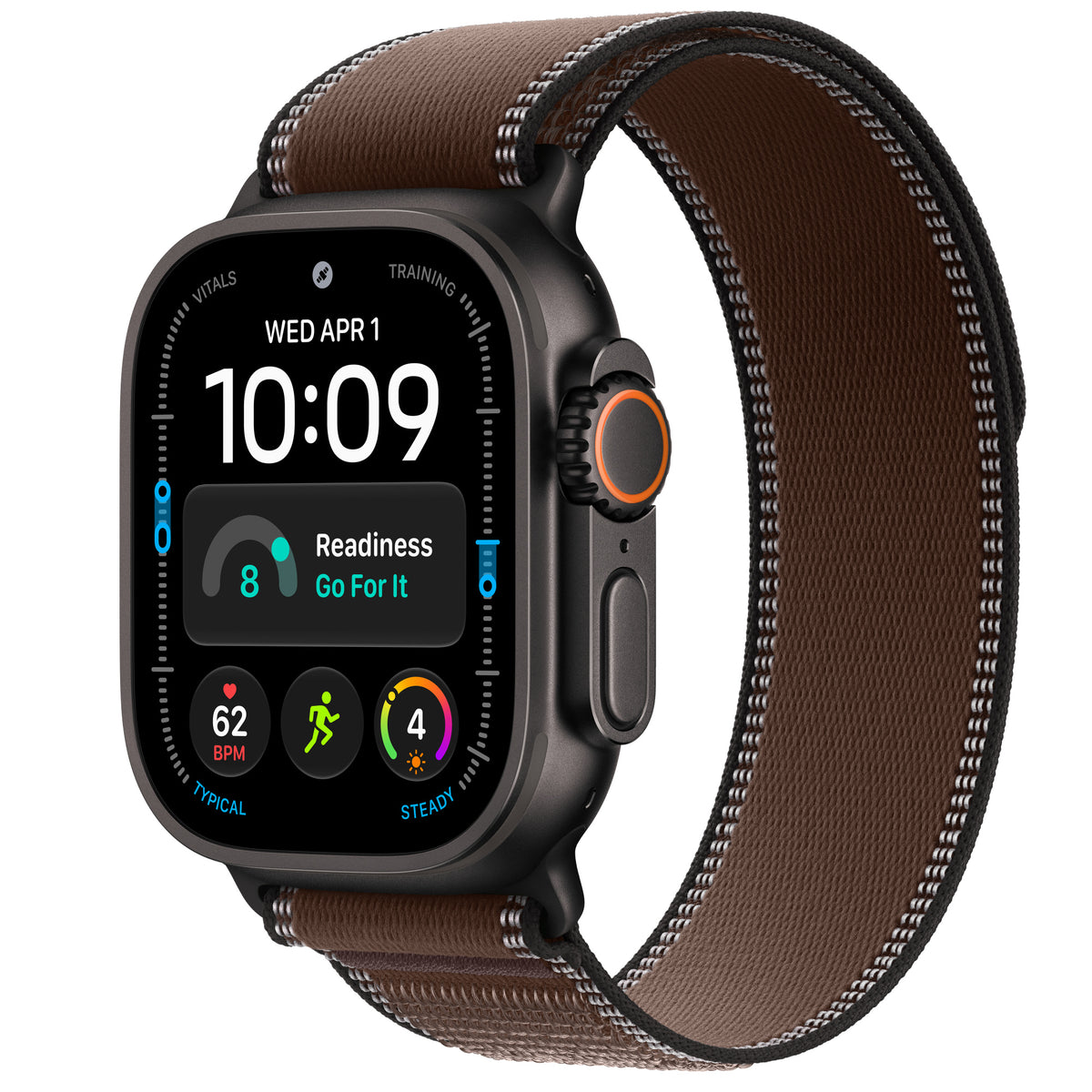 Apple Watch Ultra 4 in Black titanium with the Dark Umber Trail Loop
