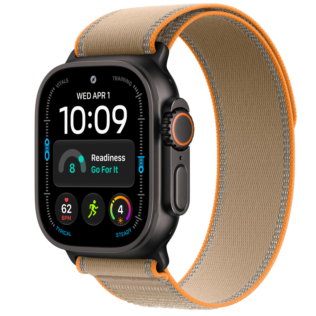 Apple Watch Ultra 4 in Black titanium with the Sand Trail Loop