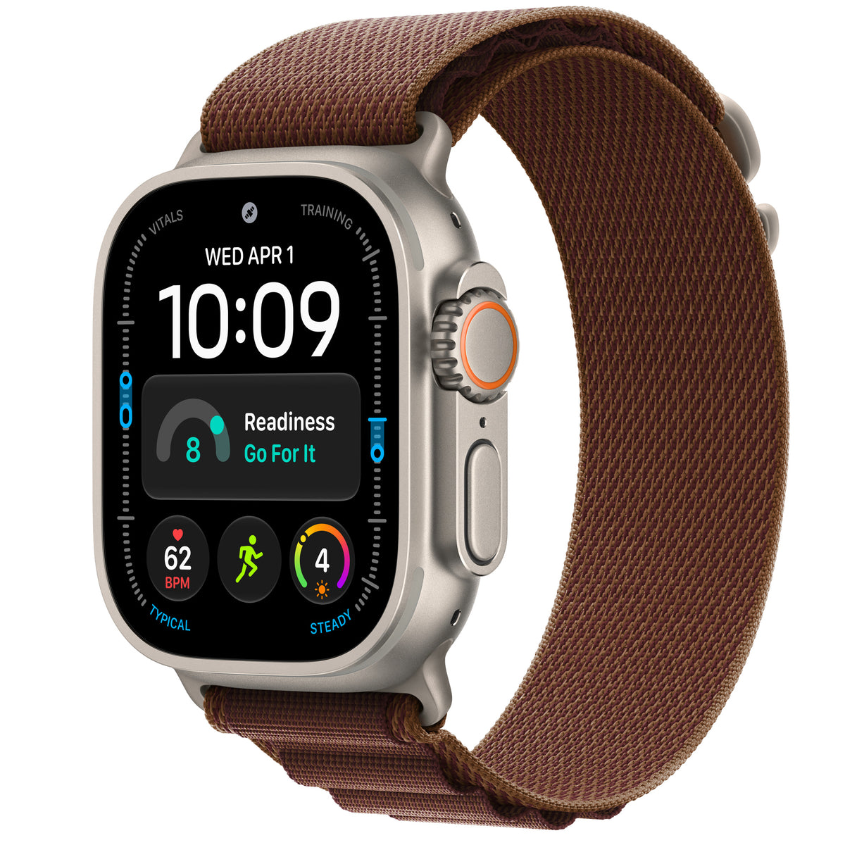 Apple Watch Ultra 4 in Natural titanium with the Burgundy Alpine Loop