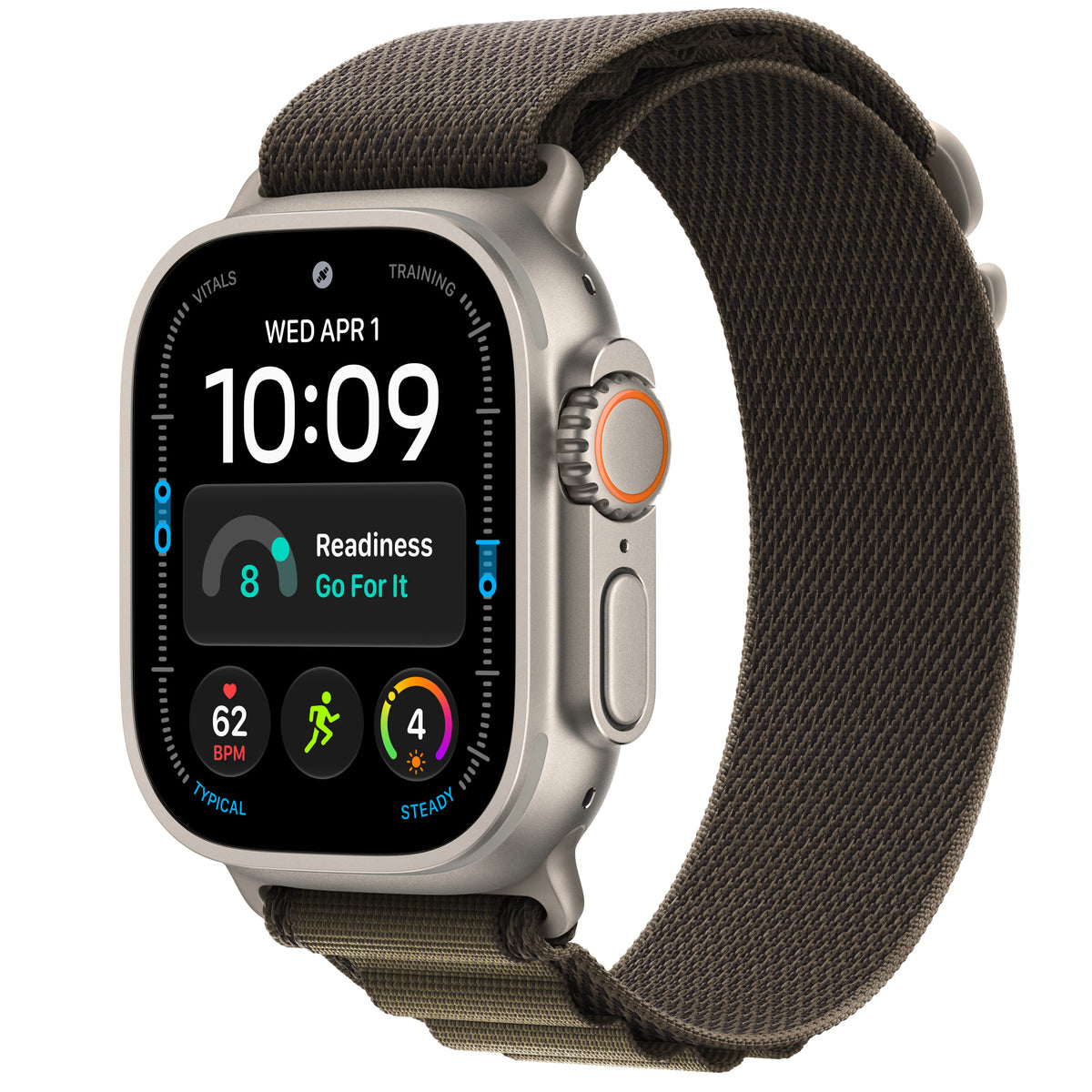 Apple Watch Ultra 4 in Natural titanium with the Dark Olive Alpine Loop
