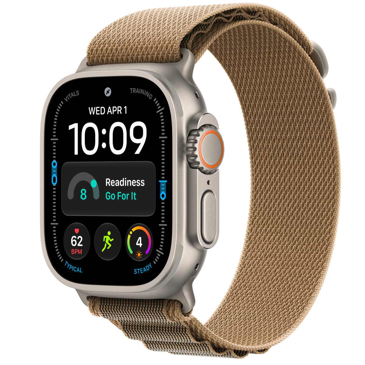 Apple Watch Ultra 4 in Natural titanium with the Desert Alpine Loop
