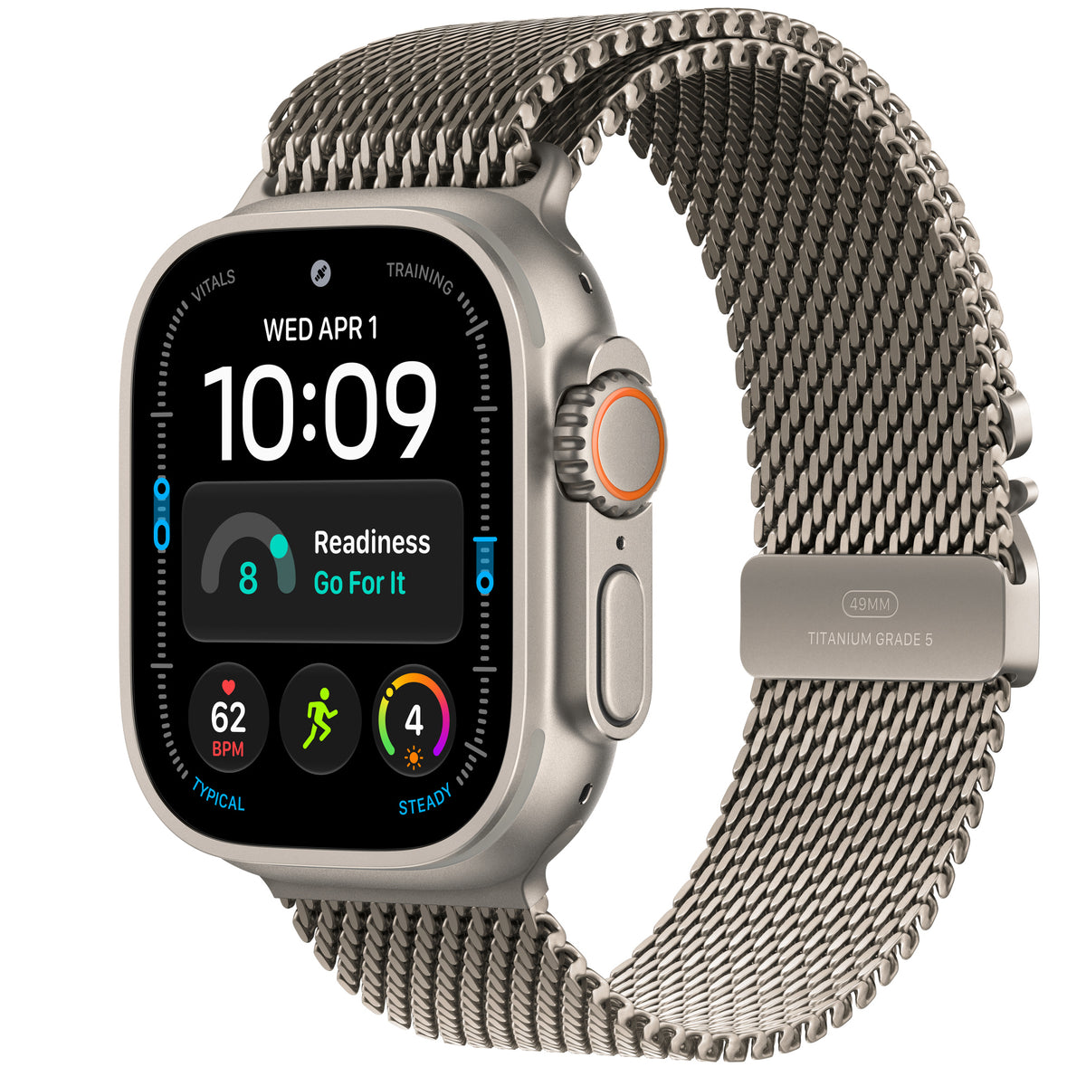 Apple Watch Ultra 4 in Natural titanium with the Natural Titanium Milanese Loop