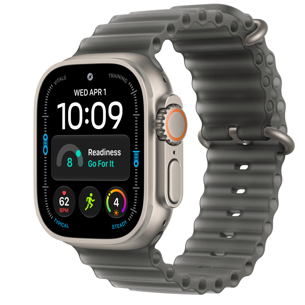 Apple Watch Ultra 4 in Natural titanium with the Translucent Black Ocean Band