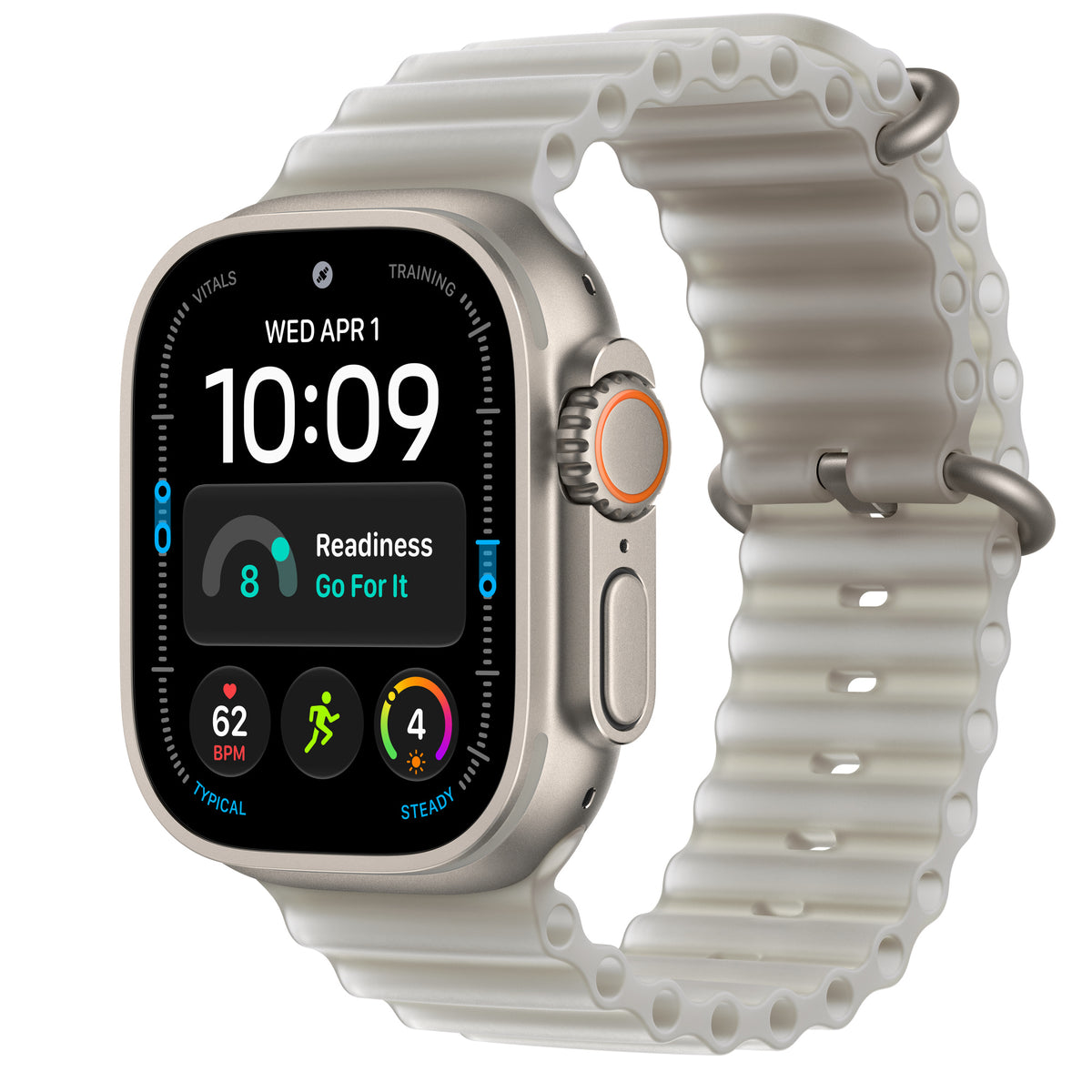Apple Watch Ultra 4 in Natural titanium with the Translucent Gray Ocean Band