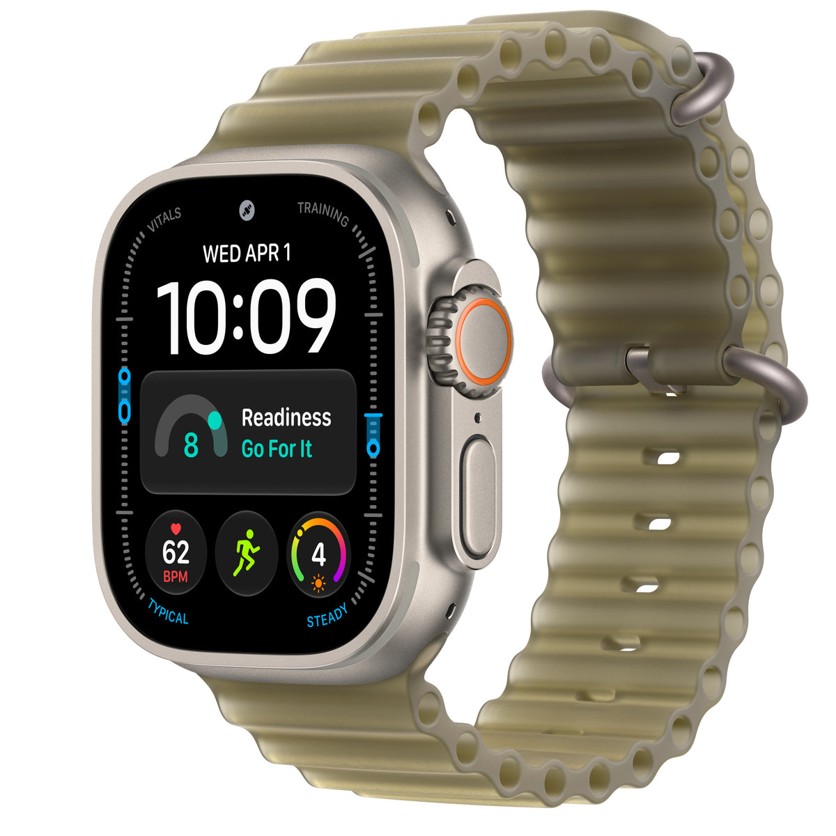 Apple Watch Ultra 4 in Natural titanium with the Translucent Kelp Ocean Band