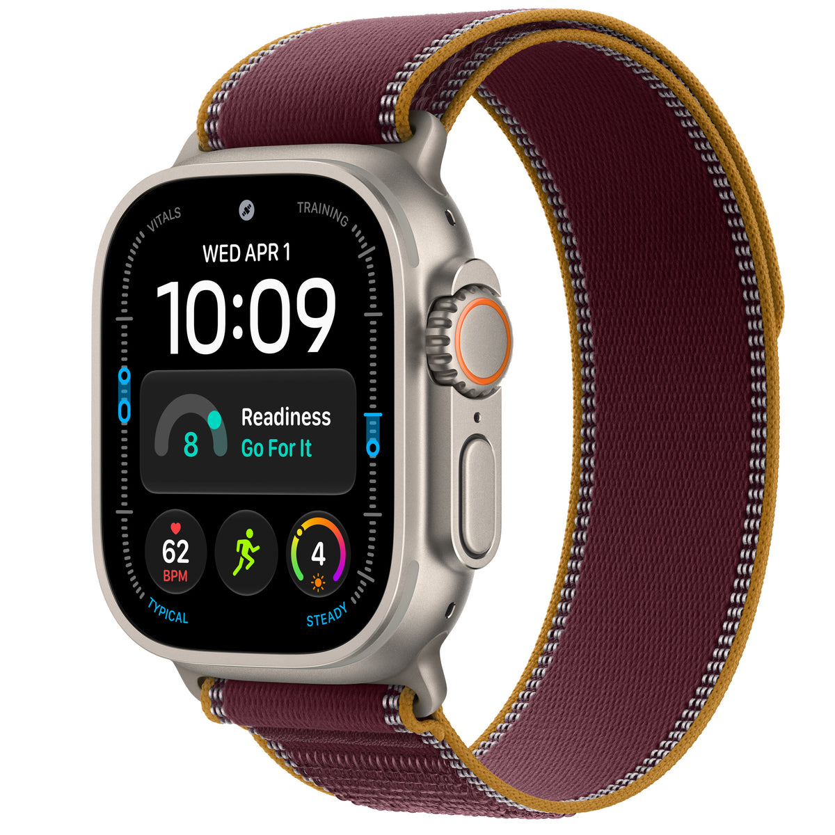 Apple Watch Ultra 4 in Natural titanium with the Burgundy Trail Loop