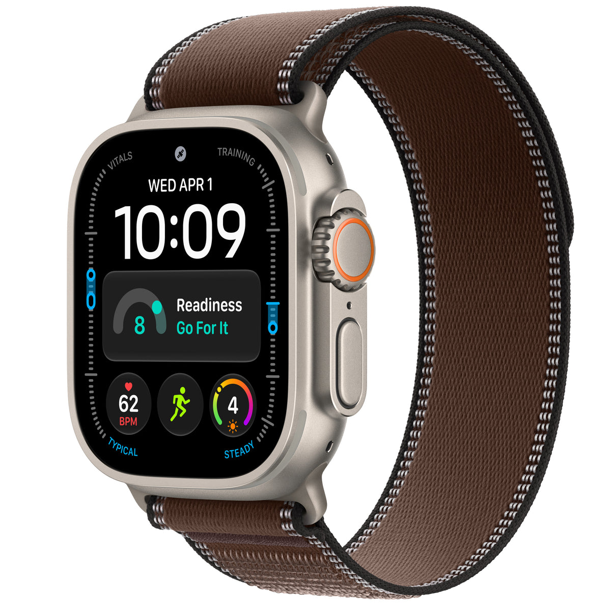 Apple Watch Ultra 4 in Natural titanium with the Dark Umber Trail Loop