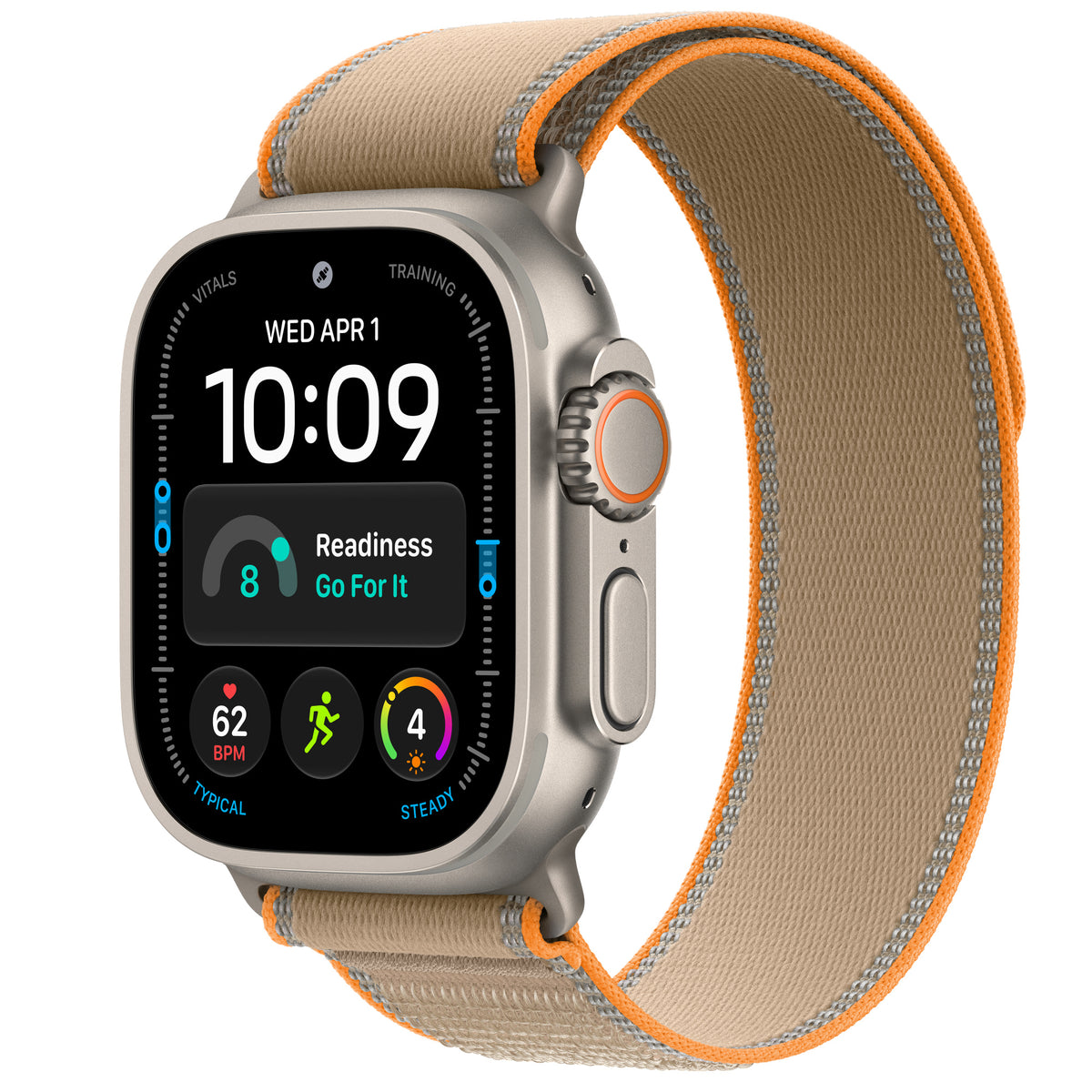 Apple Watch Ultra 4 in Natural titanium with the Sand Trail Loop