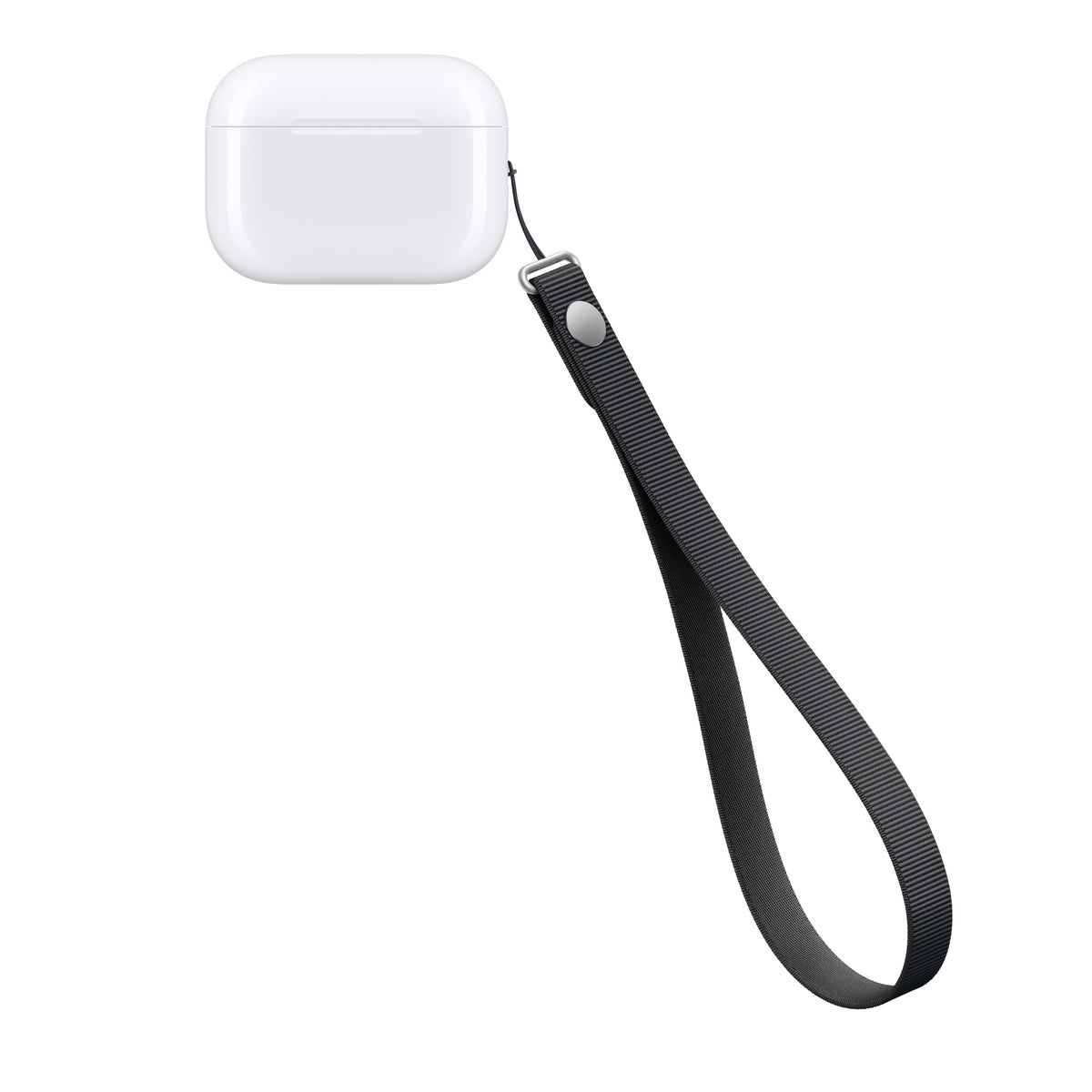 Apple Wrist Strap in Black attached to an AirPods Pro case
