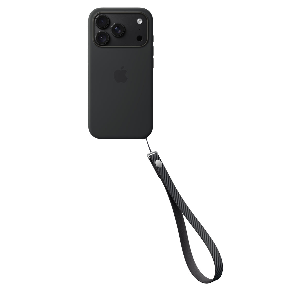 Apple Wrist Strap in Black attached to an iPhone case