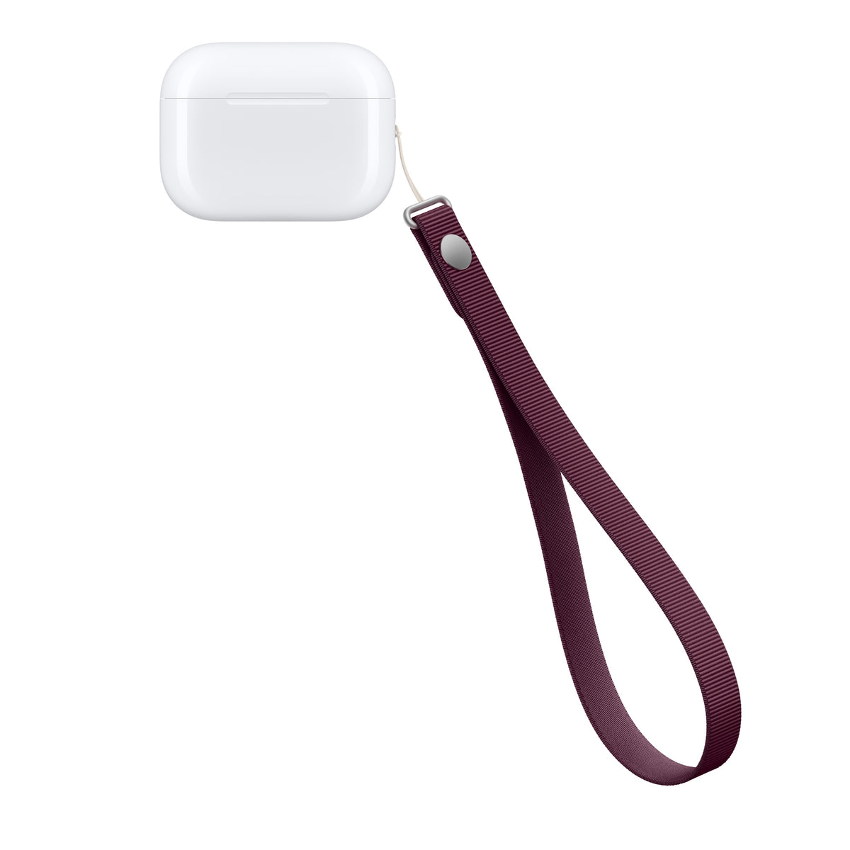 Apple Wrist Strap in Burgundy attached to an AirPods Pro case