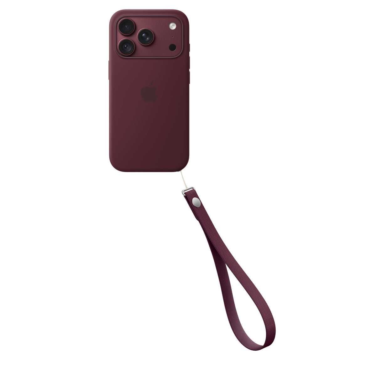 Apple Wrist Strap in Burgundy attached to an iPhone case
