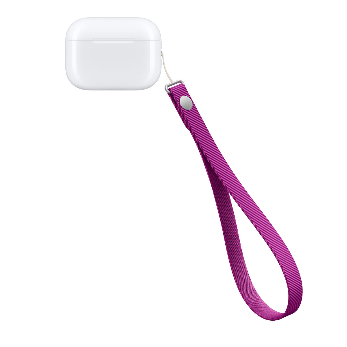 Apple Wrist Strap in Magenta attached to an AirPods Pro case