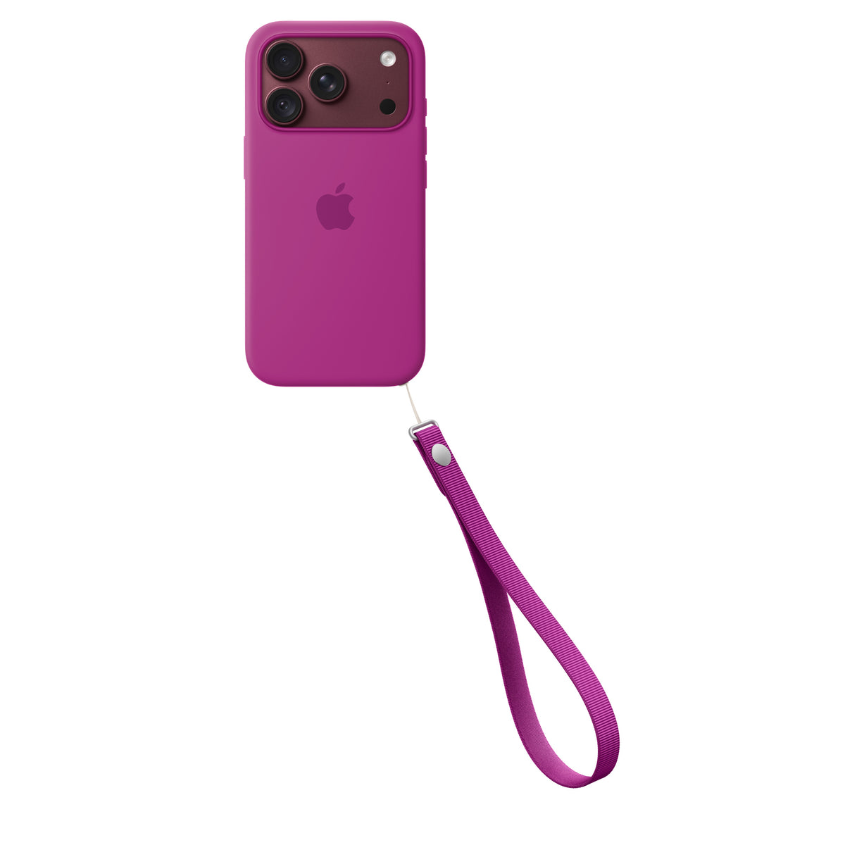 Apple Wrist Strap in Magenta attached to an iPhone case