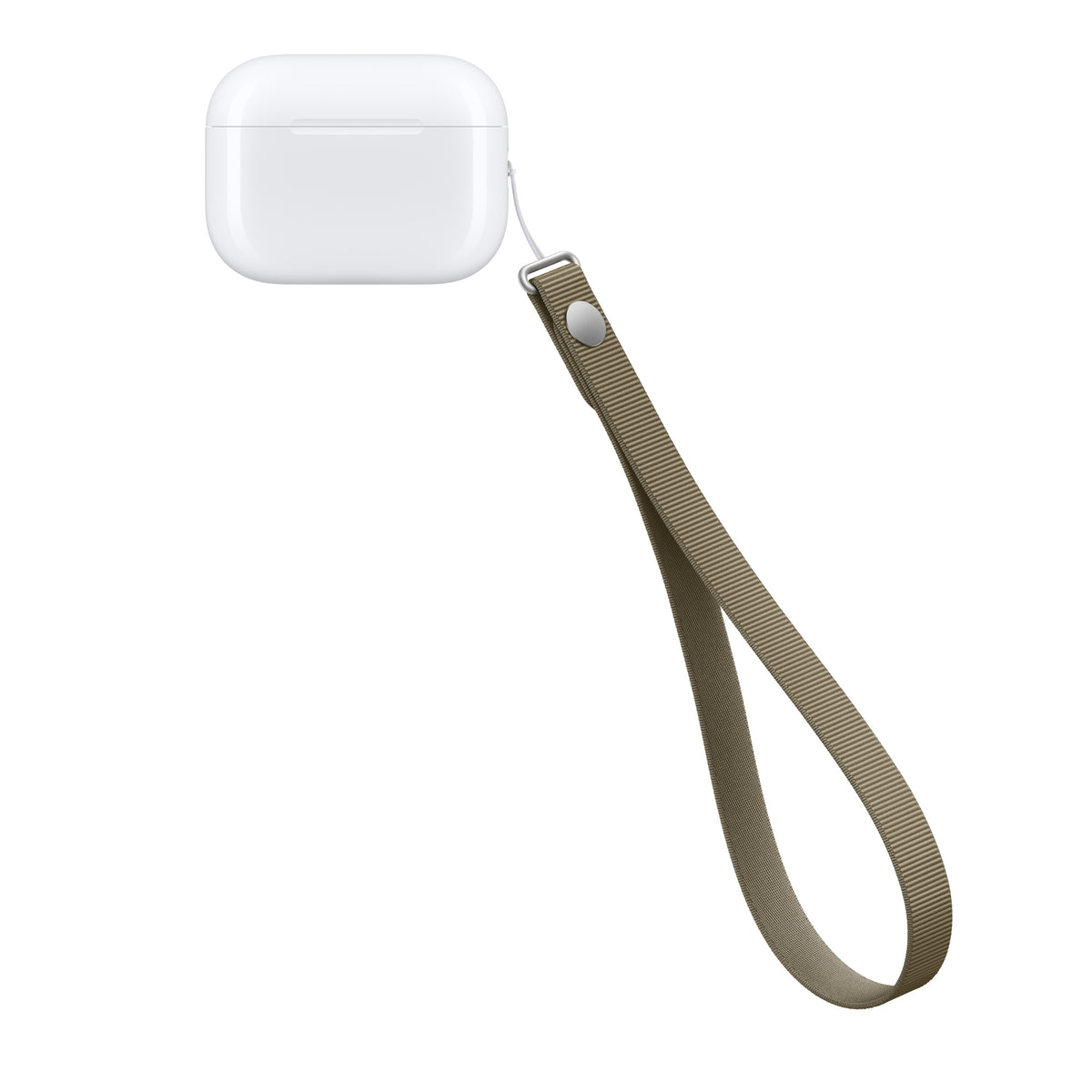 Apple Wrist Strap in Olive attached to an AirPods Pro case