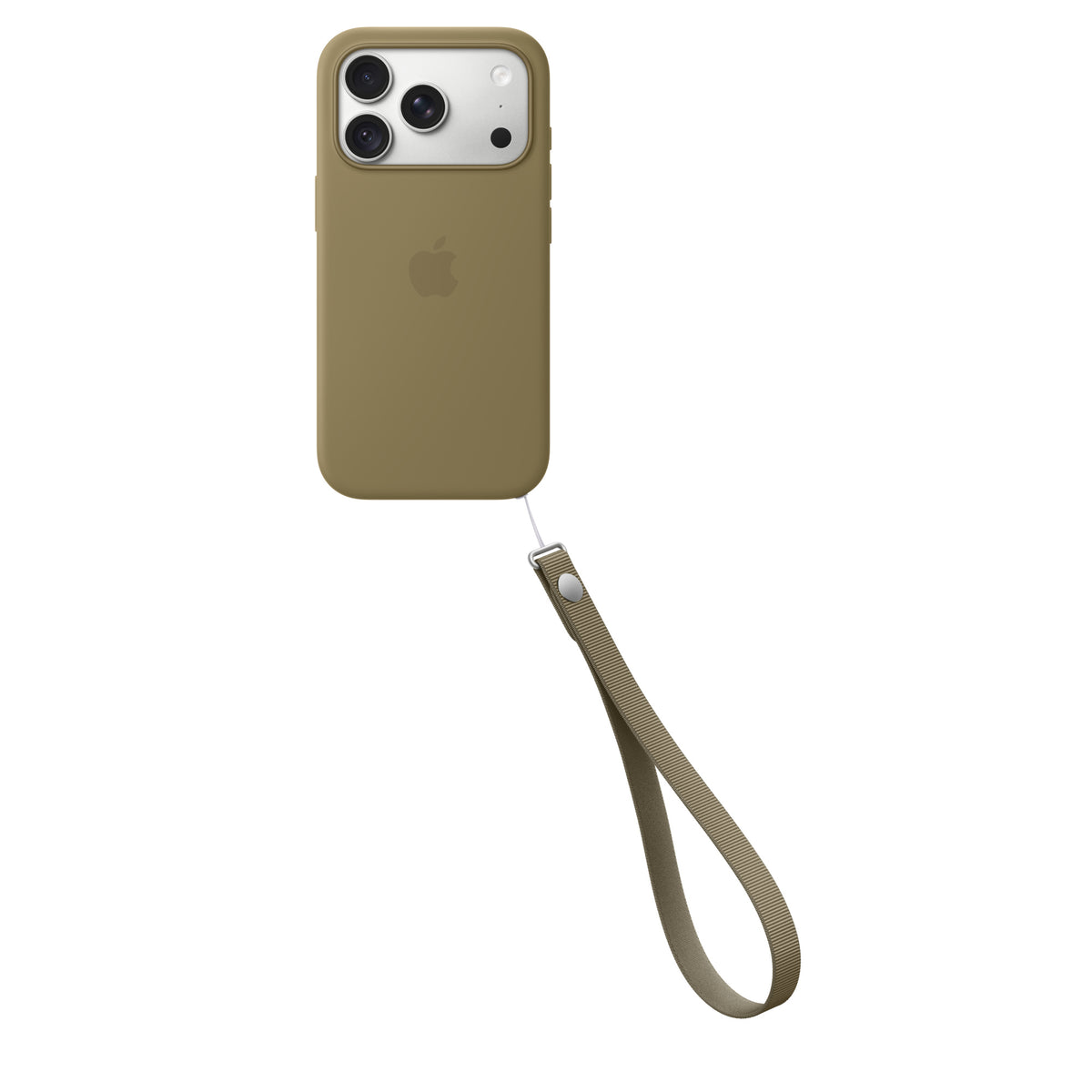 Apple Wrist Strap in Olive attached to an iPhone case