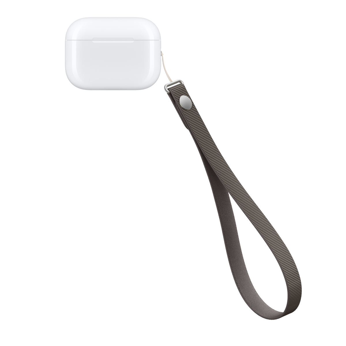 Apple Wrist Strap in Taupe attached to an AirPods Pro case